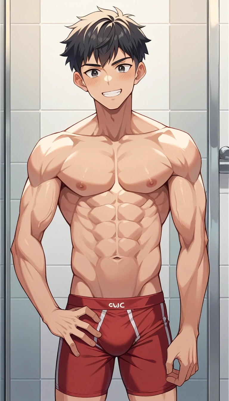 Japanese men、A strong body trained at the gym、Anatomically correct body、Sit with your legs wide open、Smiling with mouth open、Relaxed atmosphere、The whole body is visible、Showing off some very revealing red boxer briefs in a tight, flashy design and made of cool sheer fabric、in narrow bathroom、Very short, cropped black hair、A young handsome man who looks quite young、Hands on the back of the waist