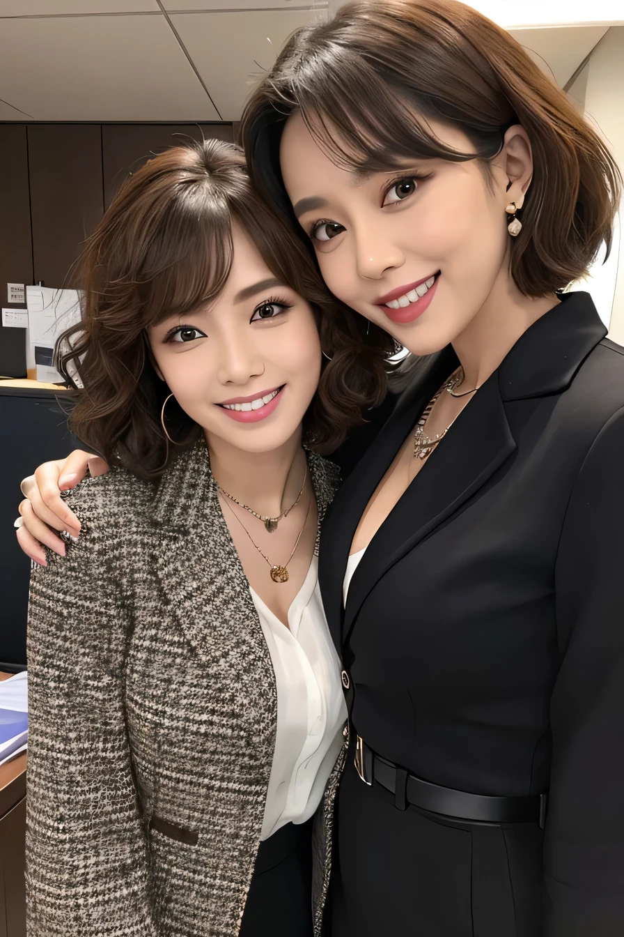 Two women standing side by side、 Brown Hair、Short Haircut、Curly Hair、Necklace around the neck、Office Lady Suits、Jacket、Unbuttoned shirt、Flashy makeup、smile、Laughing with your mouth open、Intricate details, Very detailed:1.2), 、 Looking into the camera,The background is the office、Necklace around the neck、Dark eyeliner、ear piercing