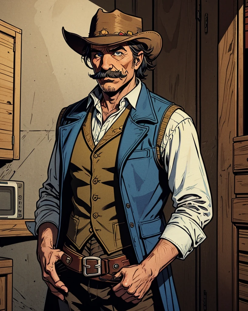 สไตล์ภาพประกอบ Red Dead Redemption 2,Einstein,Wear a Nevada hat.,Khaki coat,Blue vest and white shirt,Nothing but a mustache,shaved face,Sheriff's seal, Masterpiece, Digital Artwork, important art. HD, Sheriff's shirt. in the city. Sheriff's shirt, Eastern city