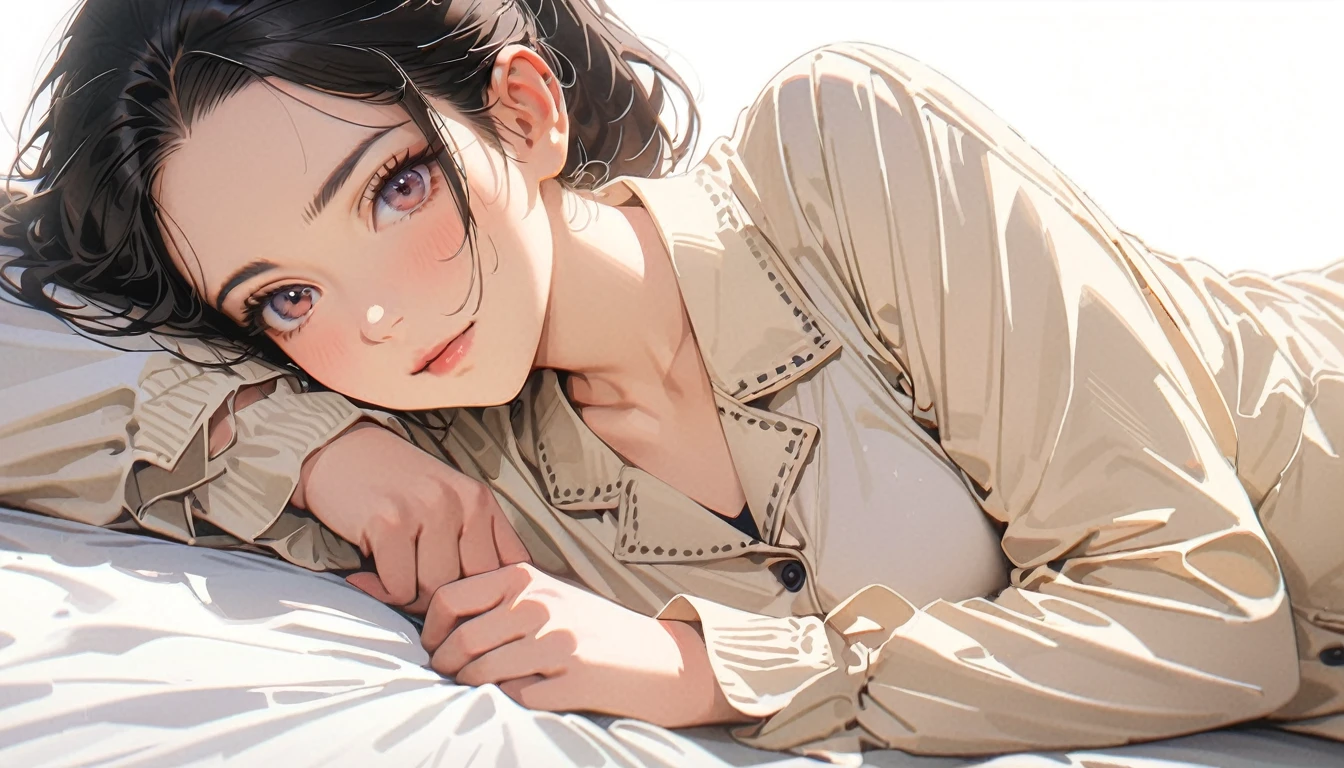 20 years old,1 mature woman,hyperrealistic, 8k, (extremely detailed 8k), (very delicate and beautiful), (masterpiece), (better quality:1.0), (ultra high resolution:1.0), (masterpiece, best quality),cute,black hair,ponytail,full body,white background,realistic skin,pajamas,lie on own side