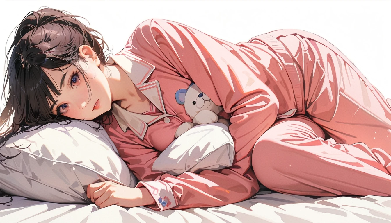 20 years old,1 mature woman,hyperrealistic, 8k, (extremely detailed 8k), (very delicate and beautiful), (masterpiece), (better quality:1.0), (ultra high resolution:1.0), (masterpiece, best quality),cute,black hair,ponytail,full body,white background,realistic skin,pajamas,lie on own side