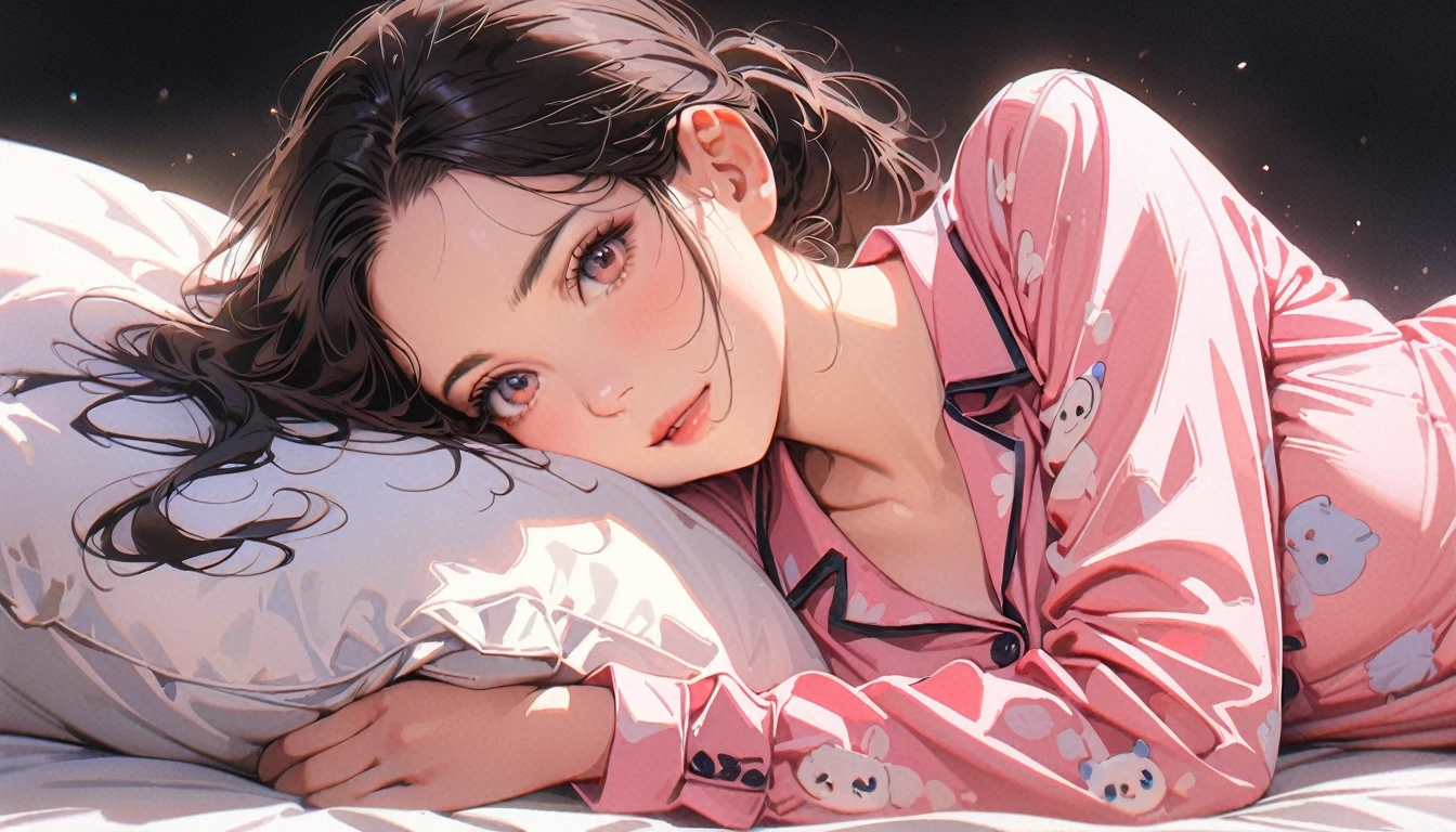 20 years old,1 mature woman,hyperrealistic, 8k, (extremely detailed 8k), (very delicate and beautiful), (masterpiece), (better quality:1.0), (ultra high resolution:1.0), (masterpiece, best quality),cute,black hair,ponytail,full body,white background,realistic skin,pajamas,lie on own side