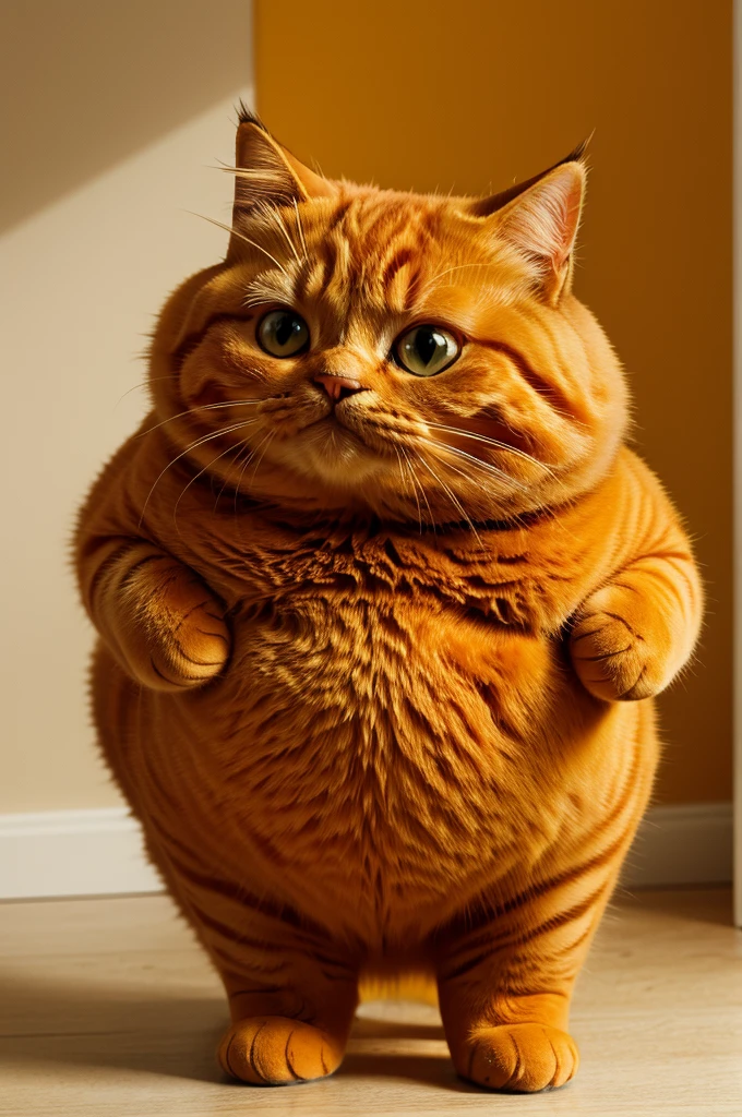 Cat in human form fat orange cat in colour standing with a phone crying sad cartoon version high quality high resolution image
