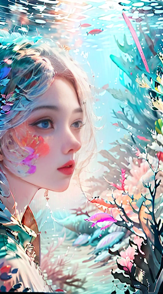 Conceptual art of marine life, Undersea landscape, Marine life,Beautiful coral reefs come in different shapes, 3D,, Fish, Female animated fantasy illustration. Long white hair scattered in the sea, Drift, Very harmonious. The whole painting adopts a messy and imaginative painting style. The colors are bright and saturated, And with smooth lines. The mystery and beauty of the ocean, The painting depicts an underwater world full of life and vitality, Animated art wallpaper 8 K