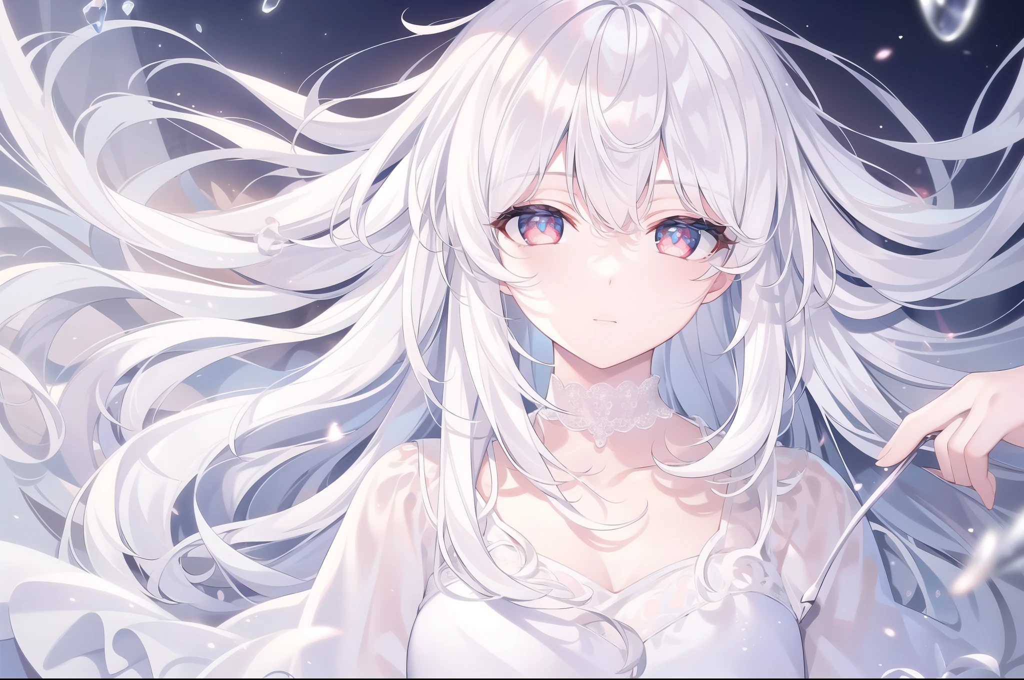 ((masterpiece, best quality))++, Detailed lighting+, Detailed hair+, Detail hand+ ,1 girl, Miss, Long hair, Crimson eyes, beautiful eyes, young white hair,,(Beautiful white hair:1.5),(Beautiful and delicate eyes), high resolution+,glass tint, Reflective eyes, {{angle}} , Very detailed wallpaper, The original, Air bangs,Extremely beautiful CG,