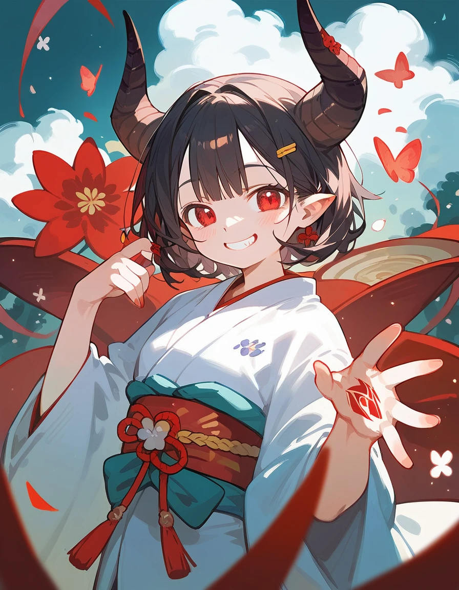 One Girl, Demon Horns, Red eyes, kimono, smile, kawaii, masterpiece, best quality, high quality, ultra detailed