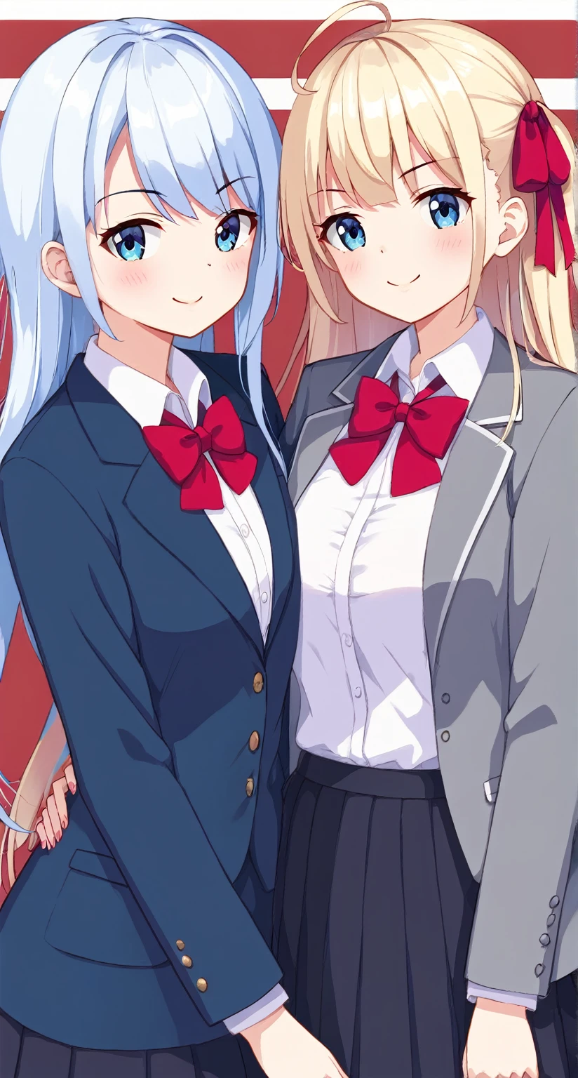 (masterpiece),(best quality),(ultra-detailed),(best illustration),(best shadow),(absurdres),(detailed background),(very aesthetic), alya(roshidere), white hair, long hair, bangs, blue eyes, hair ribbon, ahoge, red ribbon, skirt, shirt, long sleeves, bow, , jacket, white shirt, pleated skirt, collared shirt, bowtie, black skirt, red bow, red bowtie, blazer, grey blazer, long sleeves, upper body view, smile, standing, indoor, room, simpel blackground, Symmetrical face,