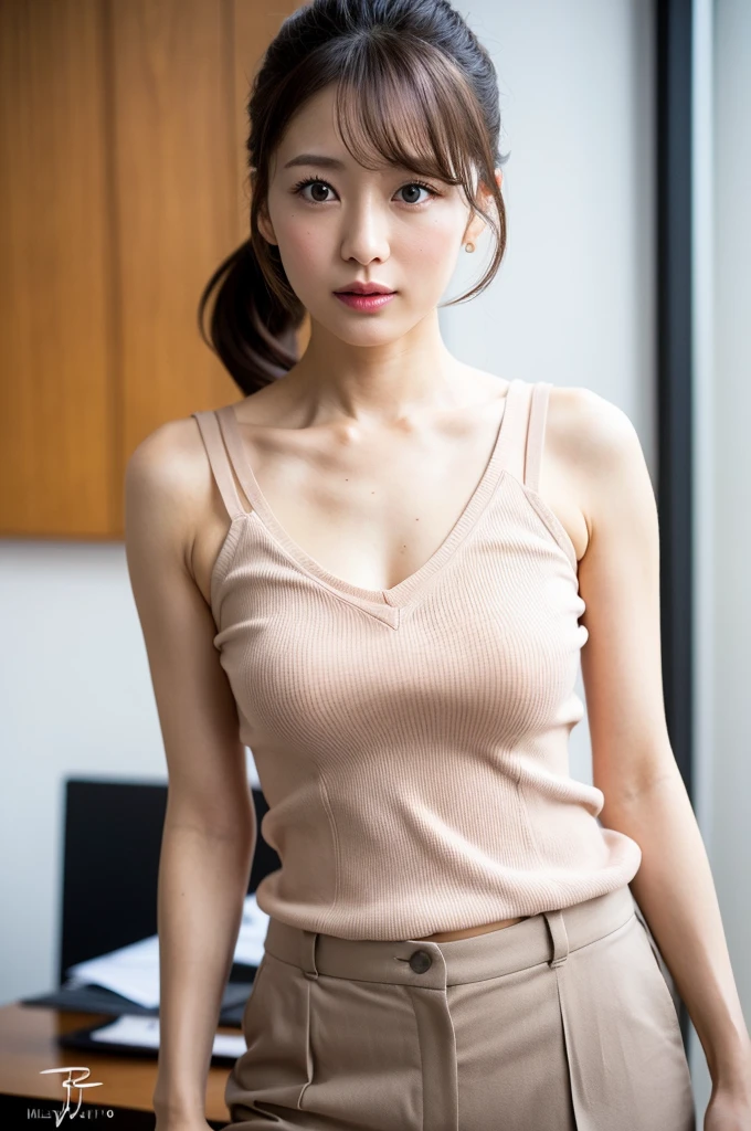 Mature Japanese,ponytail,Office Clothes,Age 35,Erotic style,So cute,whole body,Perfect face with soft skin,Gorgeous long brown hair,8K resolution,Ultra-realistic,Super detailed,high quality,Erotic beautiful Japanese woman in fashionable clothes,(Look at the viewers)