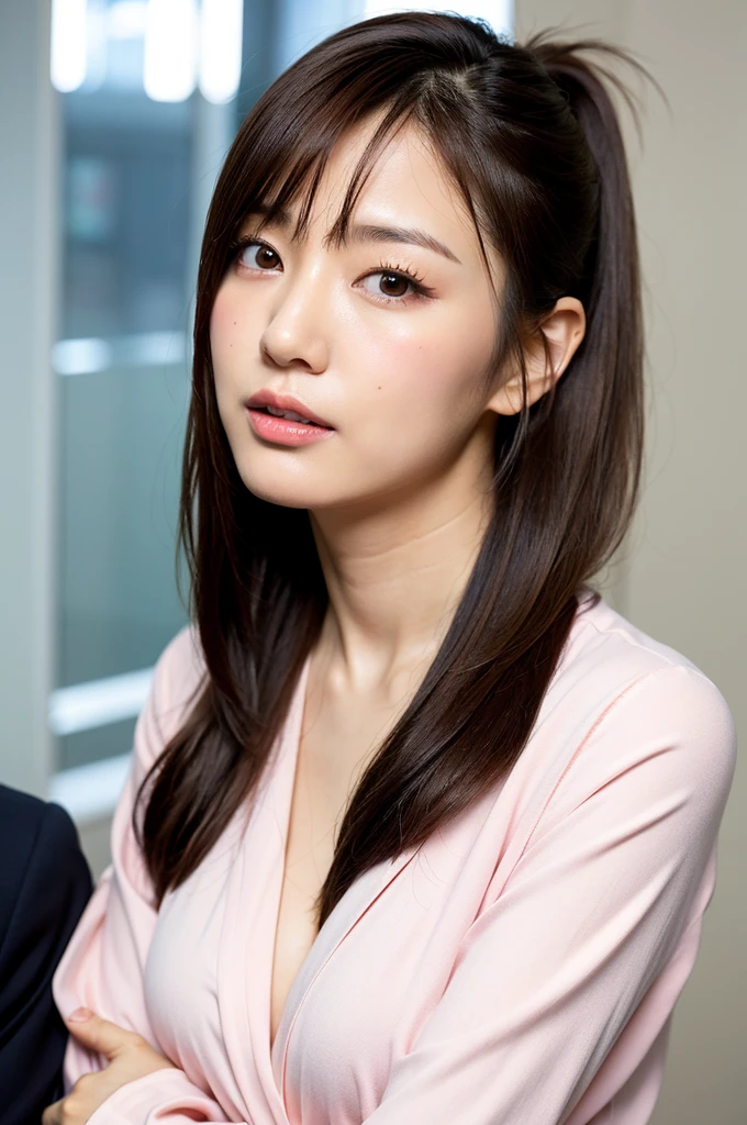 Mature Japanese,ponytail,Office Clothes,Age 35,Erotic style,So cute,whole body,Perfect face with soft skin,Gorgeous long brown hair,8K resolution,Ultra-realistic,Super detailed,high quality,Erotic beautiful Japanese woman in fashionable clothes,(Look at the viewers)