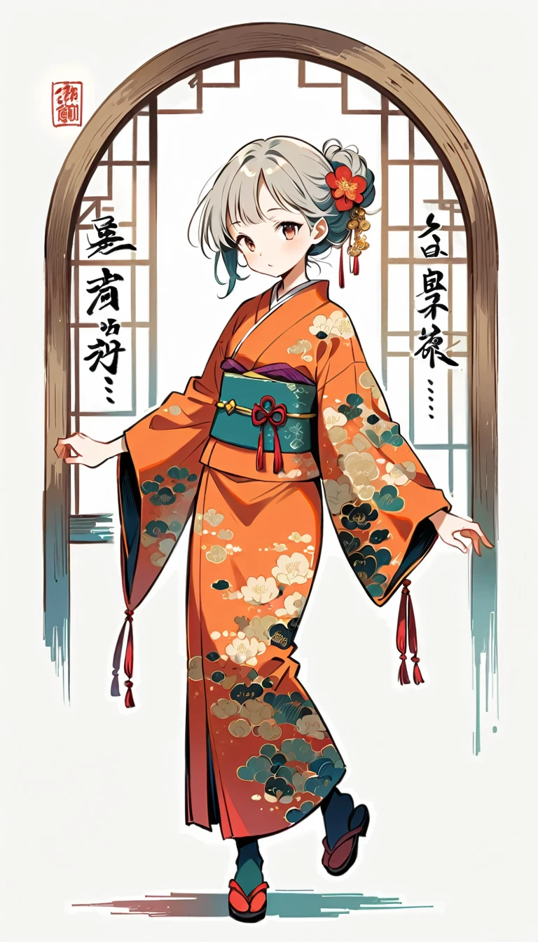 white background, Fujichoco style, kimono, gray hair, calligraphy, Calligraphic, window, simple background，Simple line initialism, 20 year old girl, pretty face, (((The Most Beautiful Girl))), full body, 