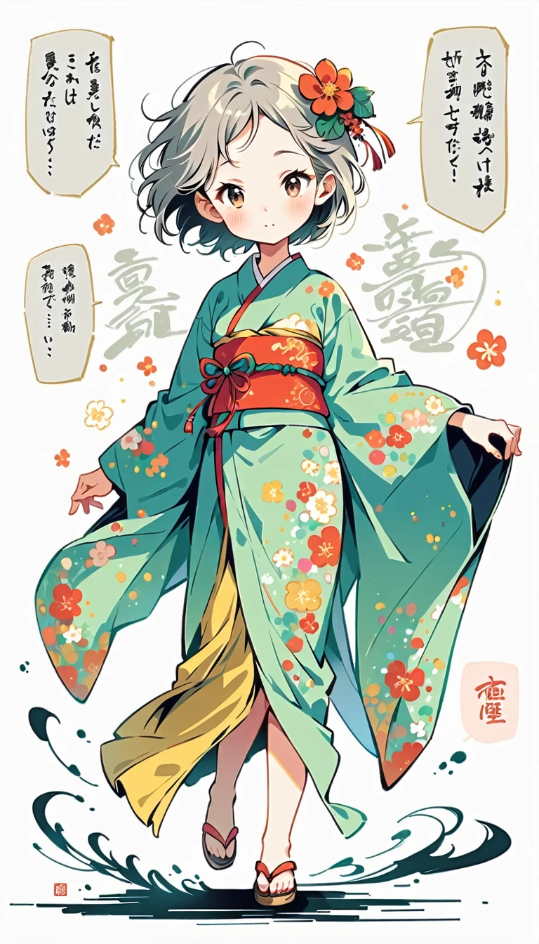 white background, Fujichoco style, kimono, gray hair, calligraphy, Calligraphic, window, simple background，Simple line initialism, 20 year old girl, pretty face, (((The Most Beautiful Girl))), full body, 