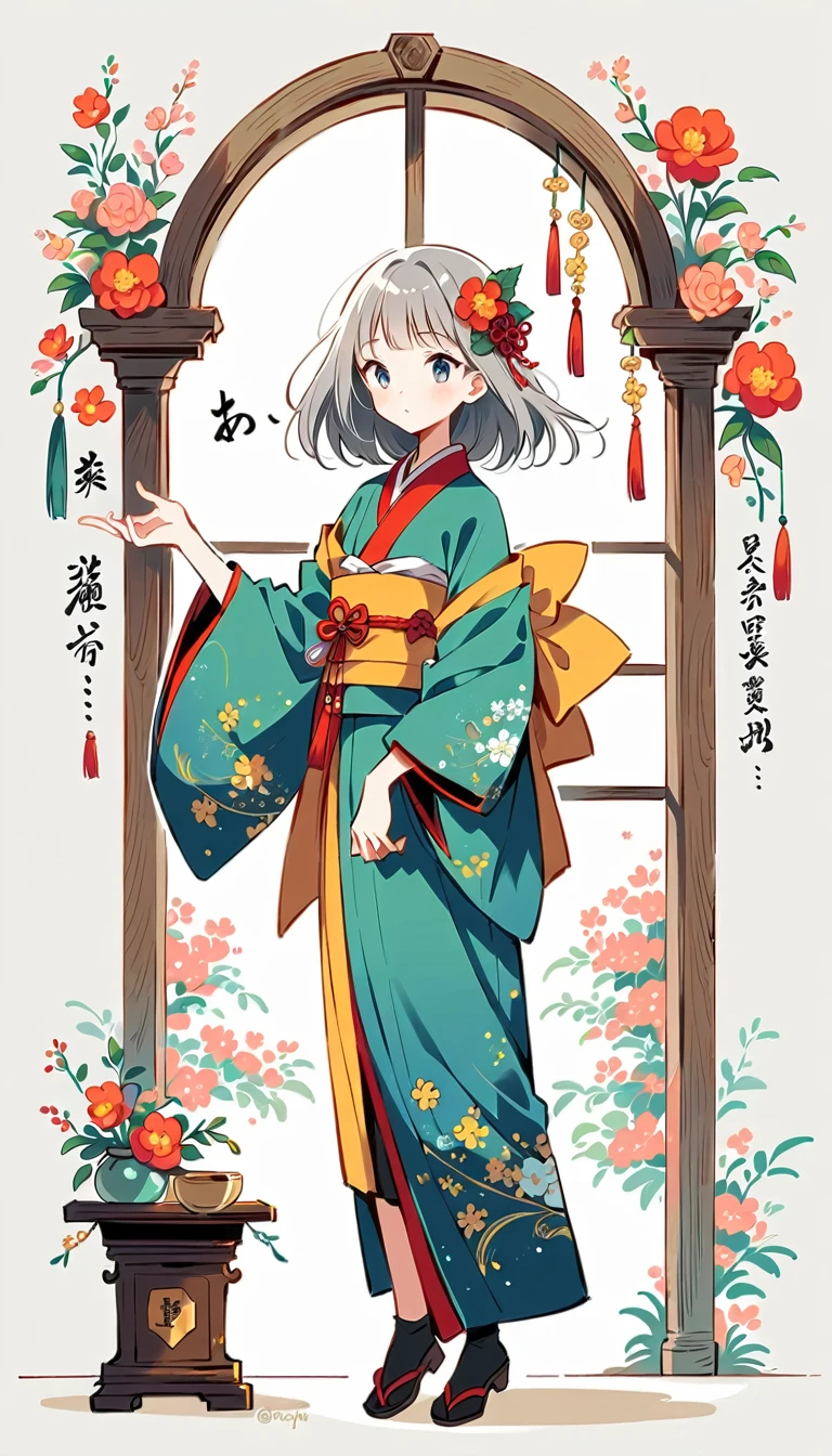 white background, Fujichoco style, kimono, gray hair, calligraphy, Calligraphic, window, simple background,Simple line initialism, 20 year old girl, pretty face, (((The Most Beautiful Girl))), full body,