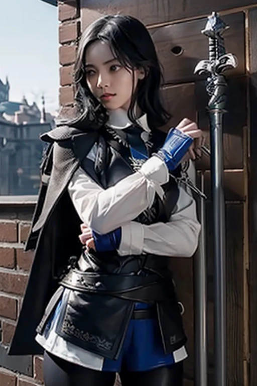 A black-haired girl wields the Heavy Thrusting Swords from within the Elden Ring in a reverse grip.