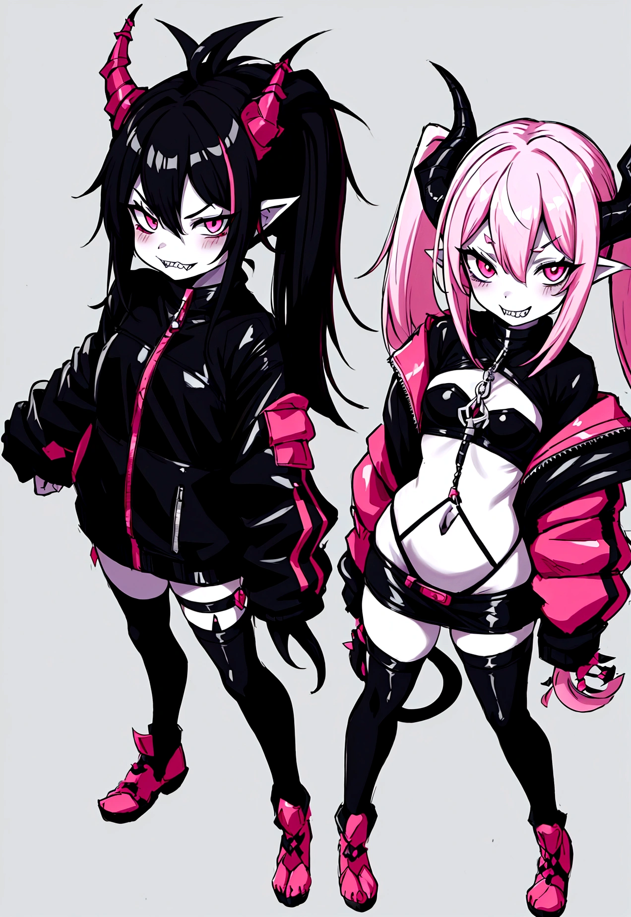 single female half dragon with grey skin, with black hair long twin tails style, with pink streaks, sharp teeth, black biker outfit, dragon tail and dragon horns, full body