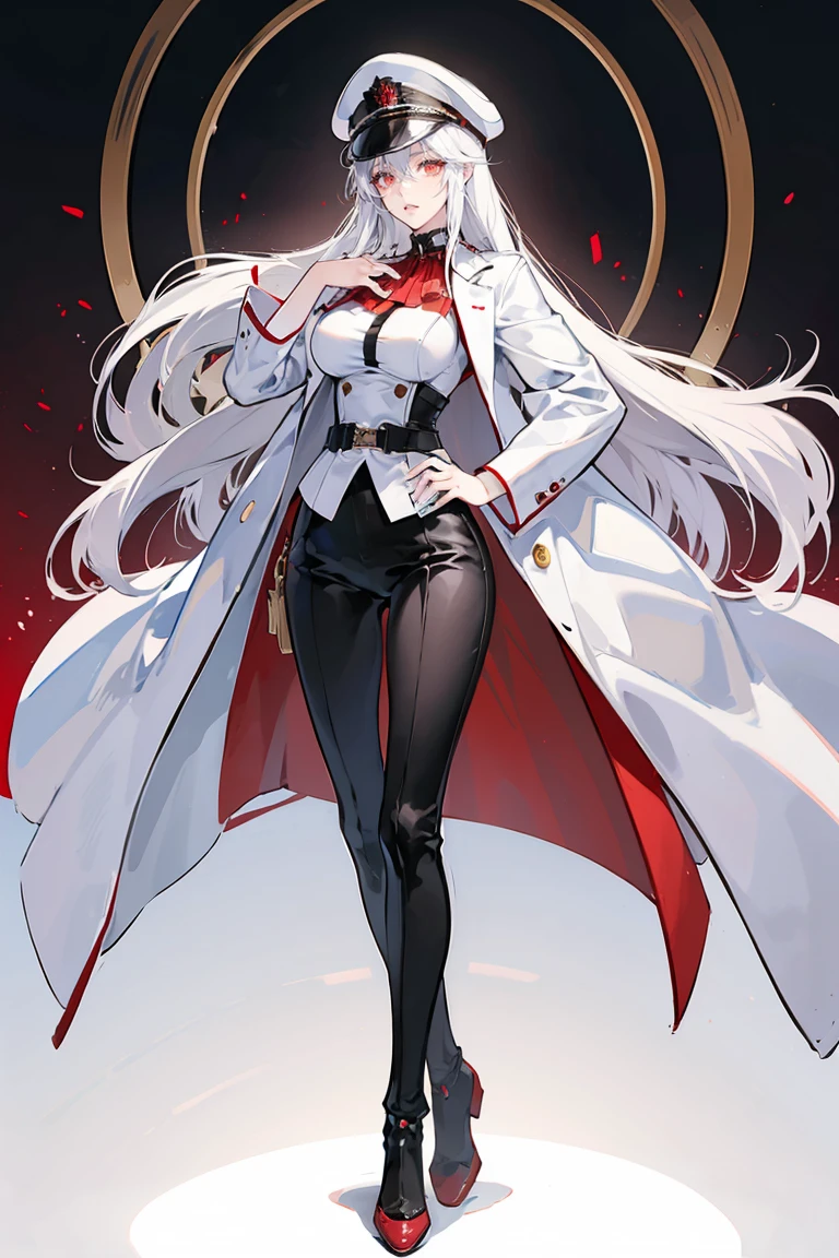 anime - (masterpiece), best quality, seductive eyes, mature face, red eyes, long length white hair, black suit, black pants, white coat, peaked cap, tall woman, long legs, adult-like female, 1girl, big breast, smug face