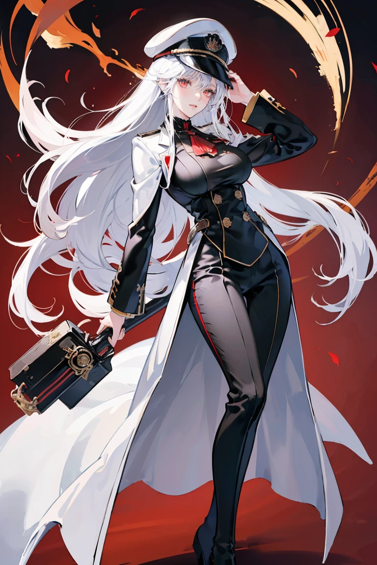 anime - (masterpiece), best quality, seductive eyes, mature face, red eyes, long length white hair, black suit, black pants, white coat, peaked cap, tall woman, long legs, adult-like female, 1girl, big breast, smug face
