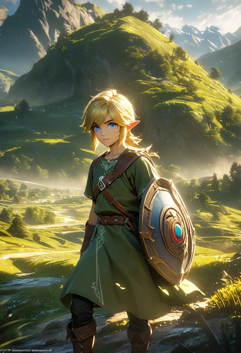 Detailed portrait of Link, The protagonist of the Legend of Zelda series, 1 boy, Detailed facial features, Sharp blue eyes, well defined jawline, Blonde hair, Risky expression, Wearing a green tunic, Leather Boots, Sword and Shield, Immerse yourself in an epic fantasy landscape, Rolling Hills, Dense forest, Majestic mountains, Dramatic Lighting, Composition, award winning digital art, Art Station, Concept Art, Octane Rendering, Unreal Engine, 8K,