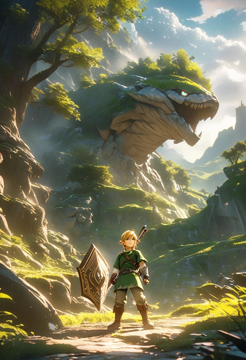 Detailed portrait of Link, The protagonist of the Legend of Zelda series, 1 boy, Detailed facial features, Sharp blue eyes, well defined jawline, Blonde hair, Risky expression, Wearing a green tunic, Leather Boots, Sword and Shield, Immerse yourself in an epic fantasy landscape, Rolling Hills, Dense forest, Majestic mountains, Dramatic Lighting, Composition, award winning digital art, Art Station, Concept Art, Octane Rendering, Unreal Engine, 8K, 