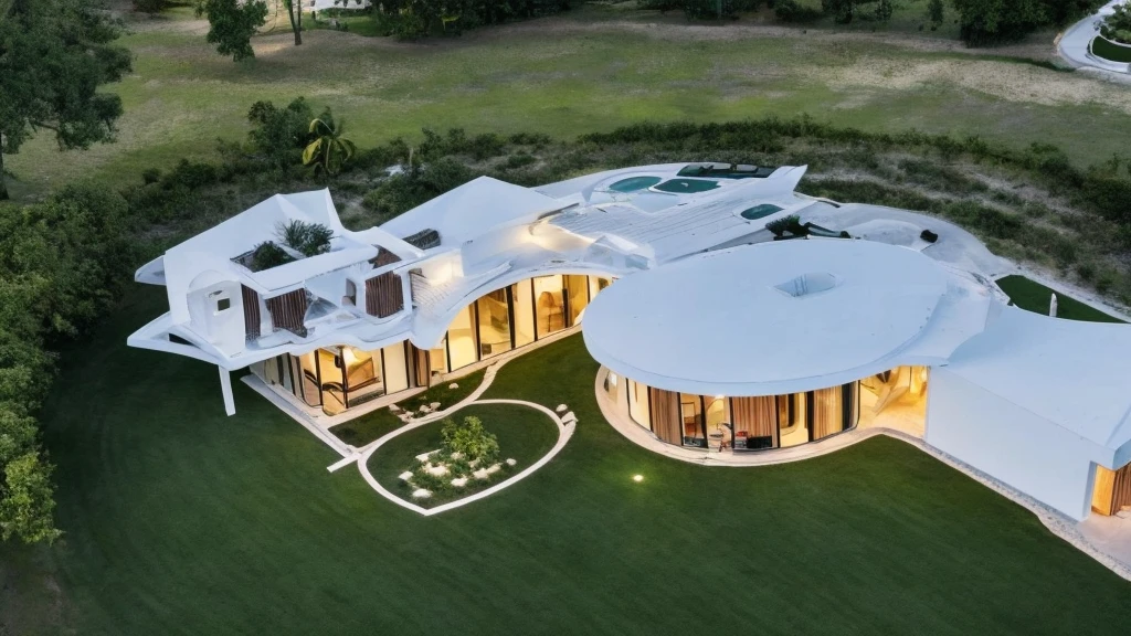 Elegant one-story, long, white cement mixed with wood house., Looks like the letter L, curved,It looks like a room.,medium sized back,beautiful,On the dark green grass,Shady atmosphere,There is a small coconut tree.,in the back,Daytime,Take photos from a drone