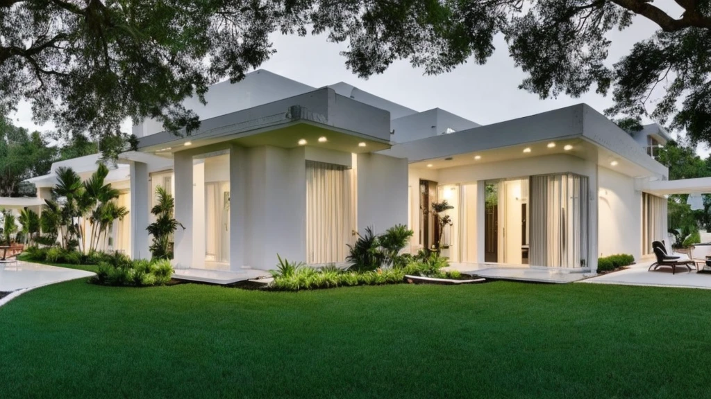 Elegant one-story, long, white cement mixed with wood house., Looks like the letter L, curved,It looks like a room.,medium sized back,beautiful,On the dark green grass,Shady atmosphere,There is a small coconut tree.,in the back,Daytime,Take photos from a drone