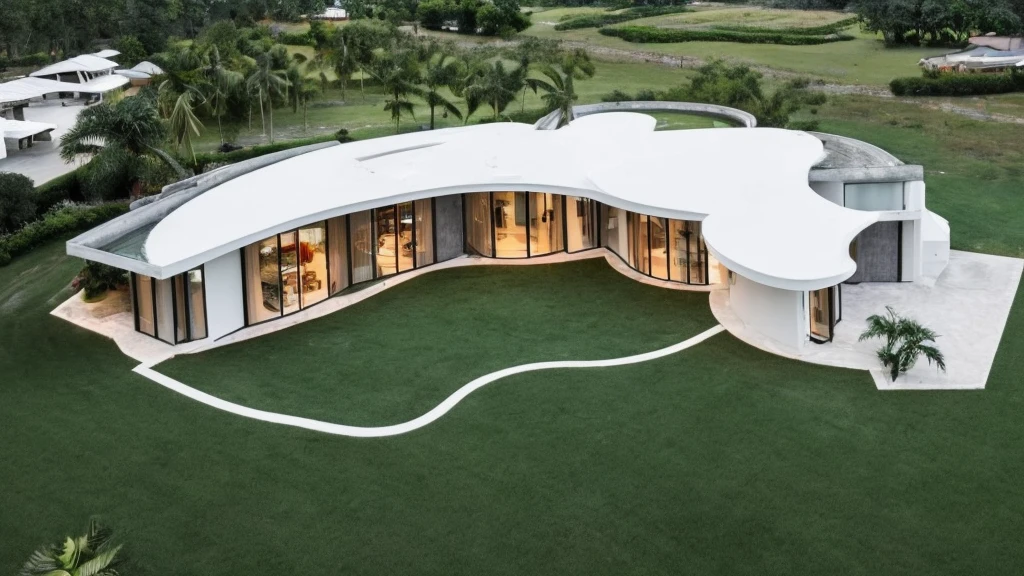 Elegant one-story, long, white cement mixed with wood house., Looks like the letter L, curved,It looks like a room.,medium sized back,beautiful,On the dark green grass,Shady atmosphere,There is a small coconut tree.,in the back,Daytime,Take photos from a drone