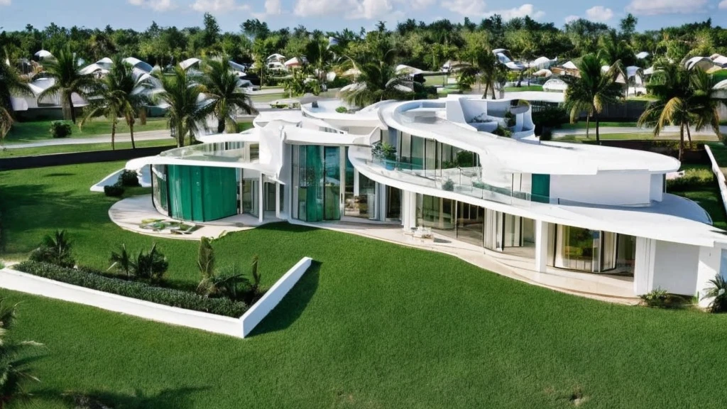 Elegant one-story, long, white cement mixed with wood house., Looks like the letter L, curved,It looks like a room.,medium sized back,beautiful,On the dark green grass,Shady atmosphere,There is a small coconut tree.,in the back,Daytime,Take photos from a drone