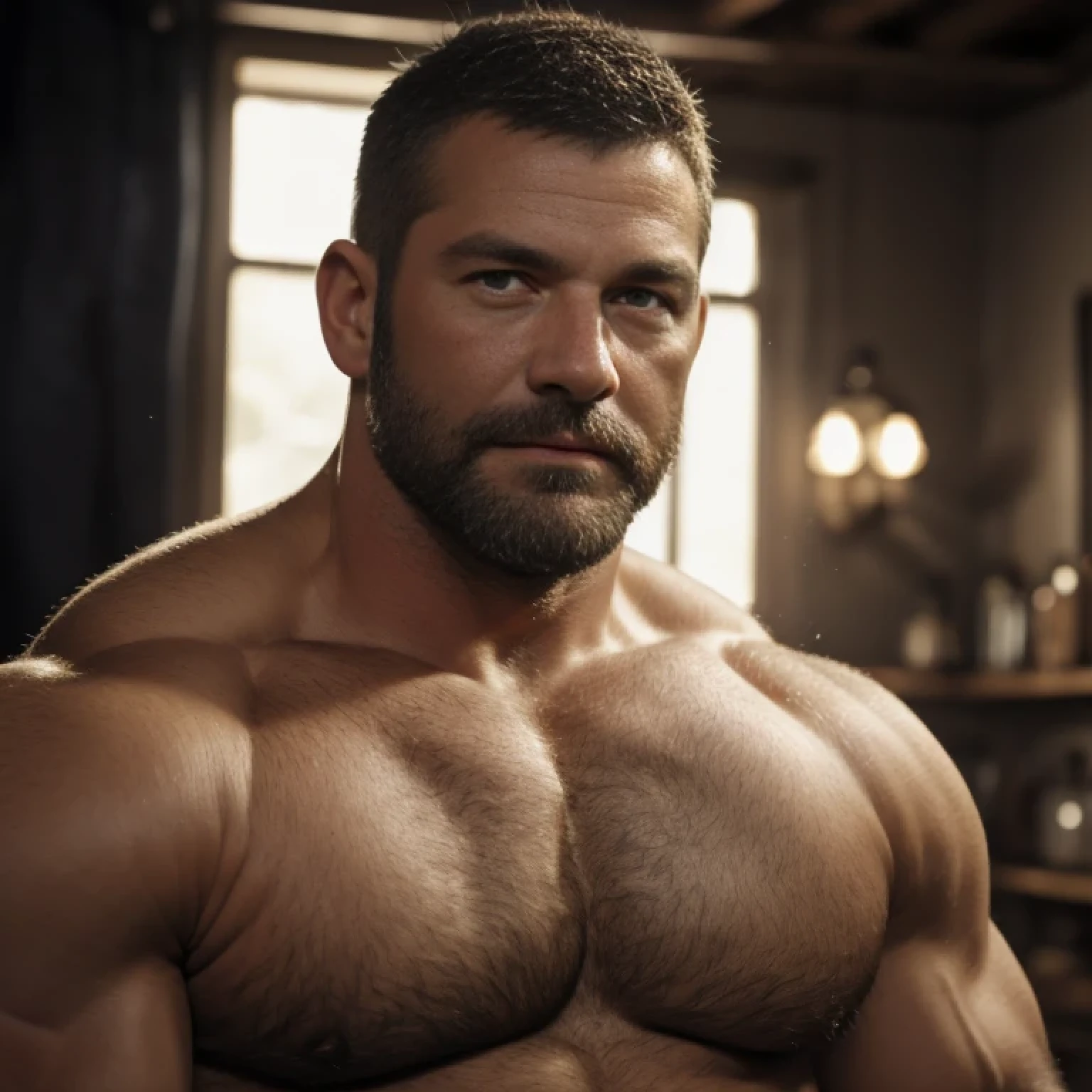 An award-winning original photo,A wild stocky man, (35 years old daddy:1.1), 1boy, Solo, topless, (big shoulderusculature, stubbles, Short beard, Beautiful eyes:1.3), (Detailed face:1.3), smiles, Dynamic Angle, volumetric lighting, (Best quality, A high resolution, Photorealistic), Cinematic lighting, Masterpiece, RAW photo, Intricate details, hdr, depth of field, face focus, cowboy shot, extreme close up,