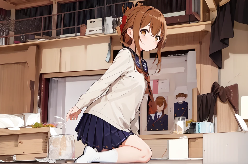(masterpiece, best quality:1.2),illustration,8k,hd,1girl,solo,upper body,(portrait:1.2),brown_hair,folded_ponytail,brown_eyes,serafuku,long_hair,school_uniform,skirt,pleated_skirt,