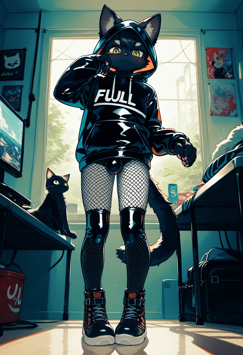Highest quality, Highest quality, High quality illustrations, masterpiece, Ultra-high resolution, Detailed Background, Gaming Room, Absurd, Perfect Anatomy, performance, Good lighting, Shadows in the movies(kemono, Furry Personification), cat, Black Skin, Rubber suit, Rubber suit, latex, neon, neonライト, neonカラー, Fishnet tights, Rubber Hoodie, Embarrassed, null bulge, male, juvenile