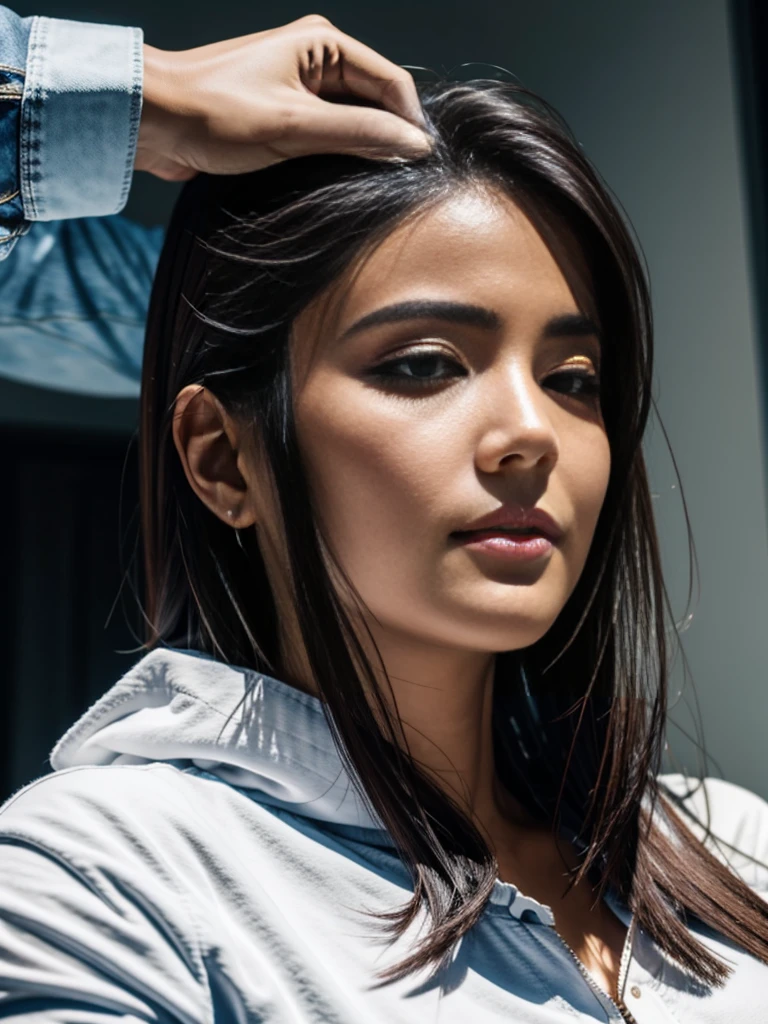 (head of'artwork), (realistic), (best quality), (8k), ultra detailed, HD, BRUT, (1 woman), beautiful young woman, young Danielle Nicolet:0.4, The young Lais Ribeiro:0.2, young Maya Jama:0.4, big, beautiful brown eyes, hermosos ojos almendrados marrones realistics y detallados, beautiful brown hair, small nose, greek nose, perfectly straight nose, the most beautiful straight nose, exceptional beautiful woman, Transparent red lipstick, wear a yellow shirt dress, in the lake