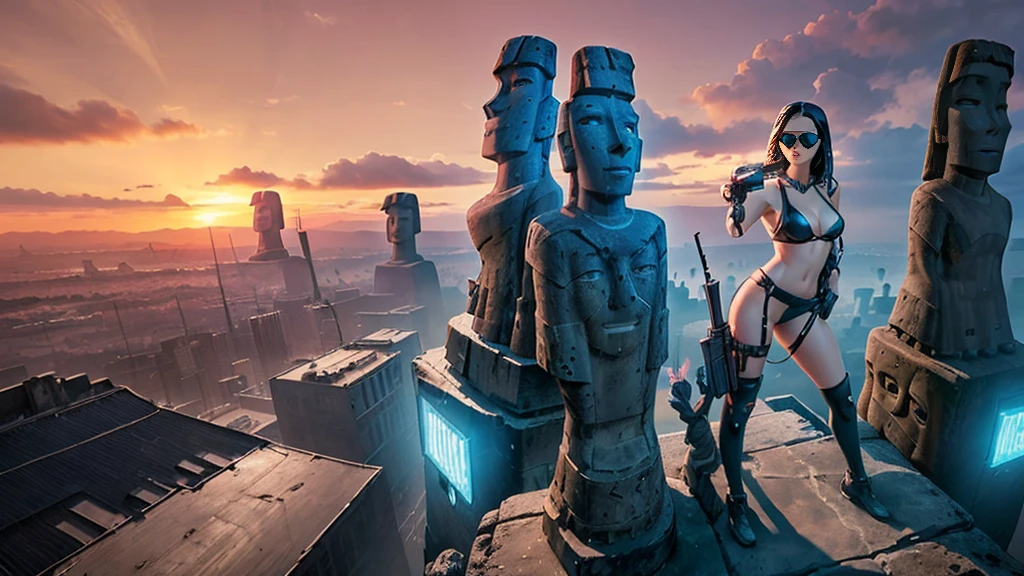 At night, dark sky, aerial view of fantasy cyberpunk style ((Moai-statue)) city, ((flying vehicle)). ((1girl, solo, alone)), photo realistic, medium-breast:1.1 slim body, cleavage, sexy clothes, (black sunglasses), (((hip-up standing and pistol aiming pose))), half-body thigh level medium shot, cinematic lighting.