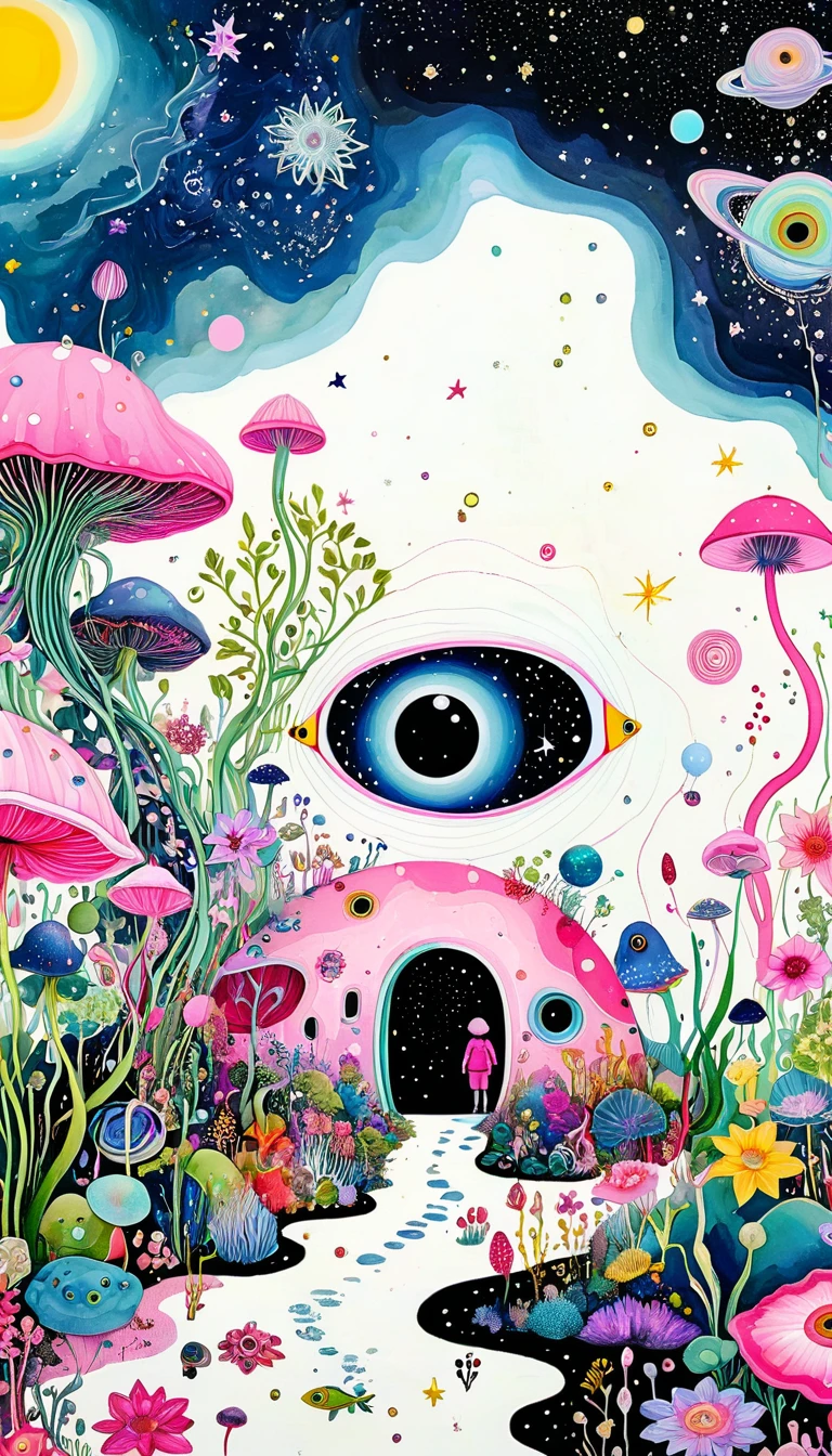 Bud Cottage，microorganism、plant、Marine life、Eye、Starry Sky，Stitching together an abstract painting，Describing the inner world of autistic people，Sense of space，White Space，interesting，Innocence，Psychedelic Art，Pink theme