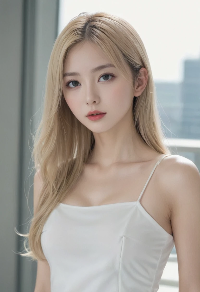 (((European Caucasian Woman)))、(((Mary, 18 years old)))、one person、(Thin contours、grey Eye)、(Thin contours)、(Big Breasts:1.5)、Narrow waist、(((White and translucent skin:1.3)))、Beautiful, shiny blonde medium-long hair、8-head-tall model style、Waist-down angle、Tokyo city、Full body focus