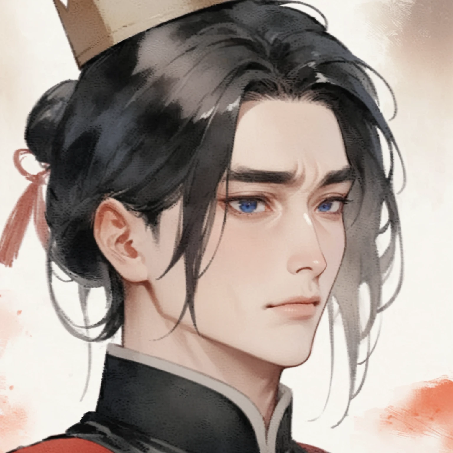((masterpiece)), ((Frontal close-up of a grumpy looking ancient Chinese imperial man)), The bridge of the nose is high and straight, (double eyelid, Indigo eyes, Beautiful eyes with slit length), ((Ancient Chinese prince))，((Black Hair))，tall，He has a strong physique，Toned Muscles，Fresh, firm abs, (Handsome), ((Crown Prince&#39;s Crown)), Traditional Chinese Clothing, Noble Temperament, Self-denial, High resolution