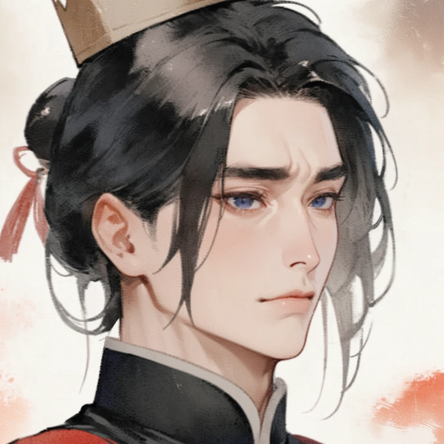 ((masterpiece)), ((Frontal close-up of a grumpy looking ancient Chinese imperial man)), The bridge of the nose is high and straight, (double eyelid, Indigo eyes, Beautiful eyes with slit length), ((Ancient Chinese prince)),((Black Hair)),tall,He has a strong physique,Toned Muscles,Fresh, firm abs, (Handsome), ((Crown Prince's Crown)), Traditional Chinese Clothing, Noble Temperament, Self-denial, High resolution