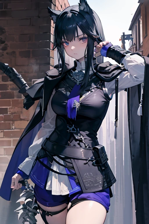 A black-haired girl wields the Heavy Thrusting Swords from within the Elden Ring in a reverse grip.