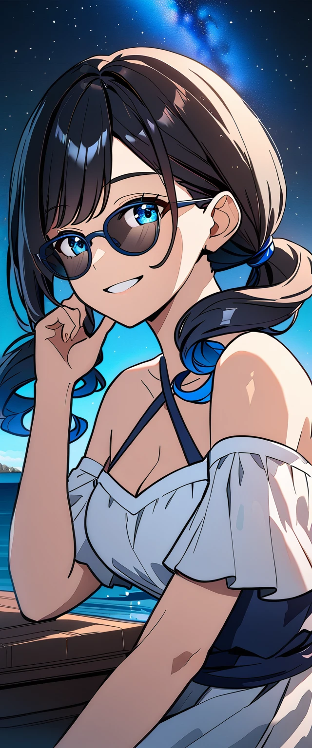 ((grin)), Eyeshadow, False eyelashes, ((off-shoulder dress:1.3, criss-cross halter)), ((white sundress)), ((cleavage)), ((high twin tails, medium hair, spiral curl hair, gradient hair, blue and black hair, hair extensions, streak)), ((sunglasses, hand to sunglasses)), (((from side))), ((((upper body)))), bare legs, (()), (((a beautiful starry sky, the Milky Way shining beautifully in the night))), ((on the very high cliff)), wavy hair, inward curled hair, ((sea, nature)), breasts, teenager, (looking at viewer), puffy long sleeves, collarbone, head tilt:1.3, (((blue eyes))), happy smile, (((anime style))), (best quality, 4K, 8K, highres, masterpiece:1.2, ultra-detailed, ultra-detailed eyes, HDR, uhd, studio lighting, ultra-fine painting, sharp focus, physically-based rendering, extreme detail description, professional, vivid colors, bokeh)