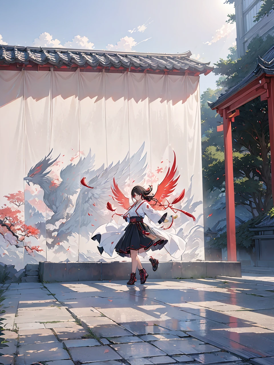 masterpiece, best quality, Extremely detailed, CG Illustrations, high resolution, Better lighting, The best shadow, extremely delicate and beautiful, Proper shade, HD, 8K, Ray Tracing, Ultra-detailed and clear background, Perfect lighting, Anime style, Inspired by games《Magic King of Fighters》: Ruby House (Tengu, Winged Mountain God, Provocation, Red and White), strength, Samurai Punk, Solitary, 1 female, Black Hair, Red Eyes,  aldult, Belt tassels,