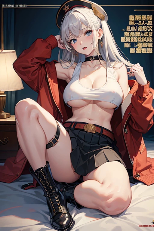 (masterpiece:1.2), (Military uniform magazine cover:1.4),best quality,PIXIV,Sweet girl , sexy posture,1girl, (perky chest:1.2), rolling upskirt by wind:1.6, (with sparkling eyes and a contagious smile),open mouth, (pointed chest:1.2),fishnets, black hair, boots, long hair, black nails, skirt, shirt, black footwear, bag, black skirt, jewelry, jacket, thigh strap, bangs, necktie, earrings, nail polish, multicolored hair, looking at viewer, full body, bottle, own hands together, belt, jacket on shoulders, food, cats on head, ring, choker, english text, collared shirt, blue eyes, hat, lace-up boots ,masterpiece、highest quality、Very detailed、An illustration、Beautiful fine details、One Girl、cute、Detailed landscape、Training Room Background:1.4、Platinum Blonde Hair、Braided Ponytail、Red camisole、((c cup breasts, Tank top showing underboob:1.4))
