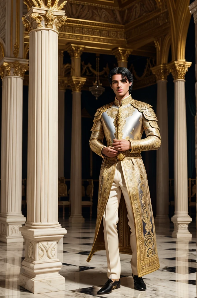 "Create a digital painting of a young, handsome knight with Black hair,, wearing a luxurious white and gold ornate outfit with intricate embroidery. He stands confidently with one hand on his hip, looking at a classical marble statue beside him. The background is a dimly lit, grand interior with classical architectural elements such as columns and statues. The overall atmosphere is regal and sophisticated, with soft lighting highlighting the knight's features and attire.