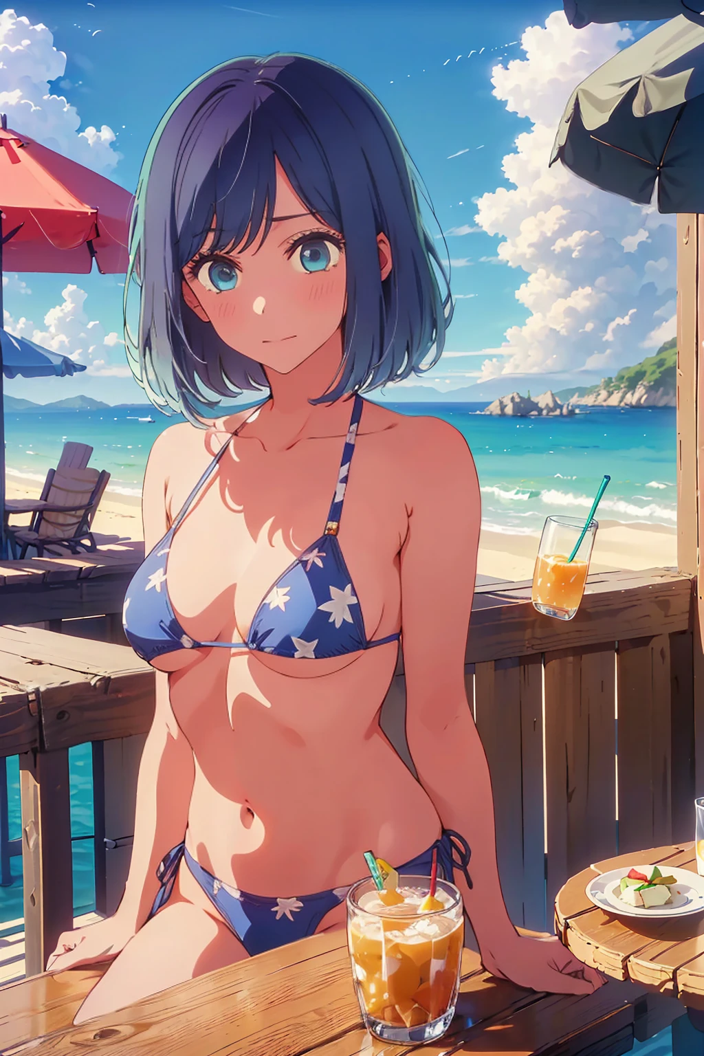 (Highest quality:1.4、masterpiece:1.4、Super detailed:1.4、8K:1.4)、((((1 person、Surprised expression、sit、Outdoor café terrace、coastal、juice、table、Sandy Beach、juiceのグラスを持つ、Plain Bikini、Very soft boobs、Big eyes、Very cute face))))、(moonlight:1.4、at midnight:1.4)、F cup bust、Medium breast、Underboob