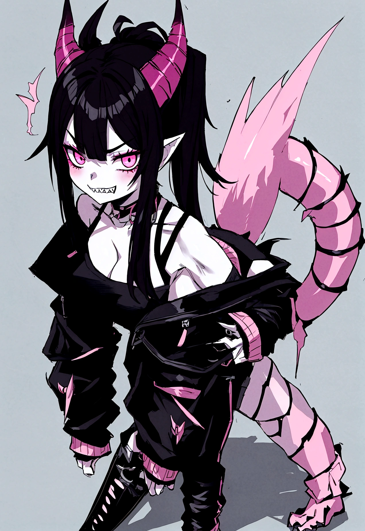 single female half dragon with grey skin, with black hair long twin tails style, with pink streaks, sharp teeth, black biker jacket, black crop top and black pants, dragon tail and dragon horns, full body