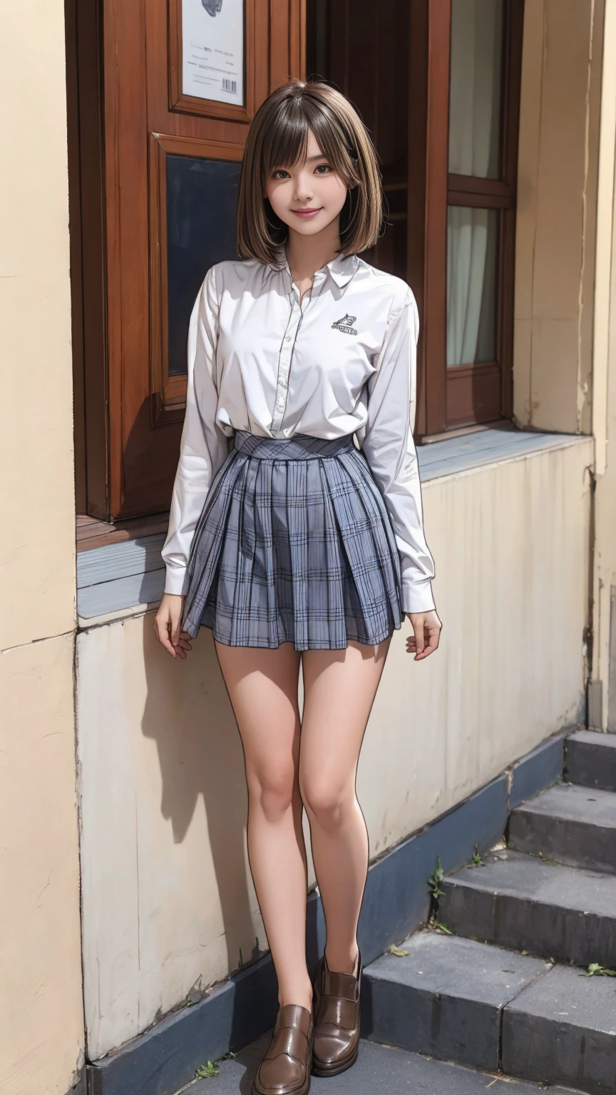 ((masterpiece)),(((Highest quality))),Thin thighs,Long legs,An 18-year-old high school girl standing on the school steps,White shirt,Blue and white plaid mini skirt:1.5,The best smile,Short bob with side waves:1.5，wear black loafers，Stand facing forward with your legs apart:1.5，