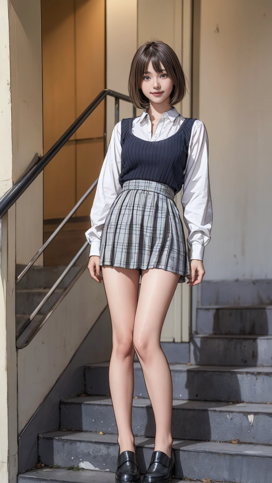 ((masterpiece)),(((Highest quality))),Thin thighs,Long legs,An 18-year-old high school girl standing on the school steps,White shirt,Blue and white plaid mini skirt:1.5,The best smile,Short bob with side waves:1.5,wear black loafers,Stand facing forward with your legs apart:1.5,