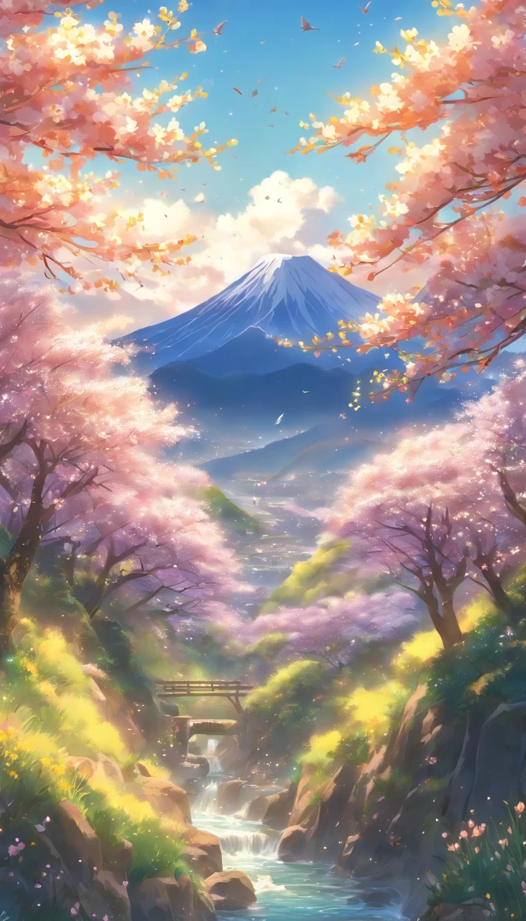 Deep forest, distant mountains, flying birds. Two-dimensional style, bright and vibrant, cherry blossoms cover the mountainside, the sunrise can be seen in the distance, a stream meanders, there are a few daffodils on the bank, the sunrise