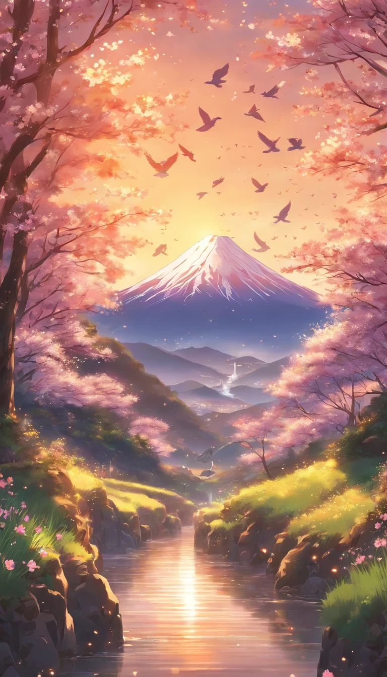 Deep forest, distant mountains, flying birds. Two-dimensional style, bright and vibrant, cherry blossoms cover the mountainside, the sunrise can be seen in the distance, a stream meanders, there are a few daffodils on the bank, the sunrise