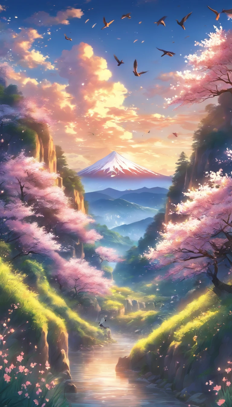 Deep forest, distant mountains, flying birds. Two-dimensional style, bright and vibrant, cherry blossoms cover the mountainside, the sunrise can be seen in the distance, a stream meanders, there are a few daffodils on the bank, the sunrise