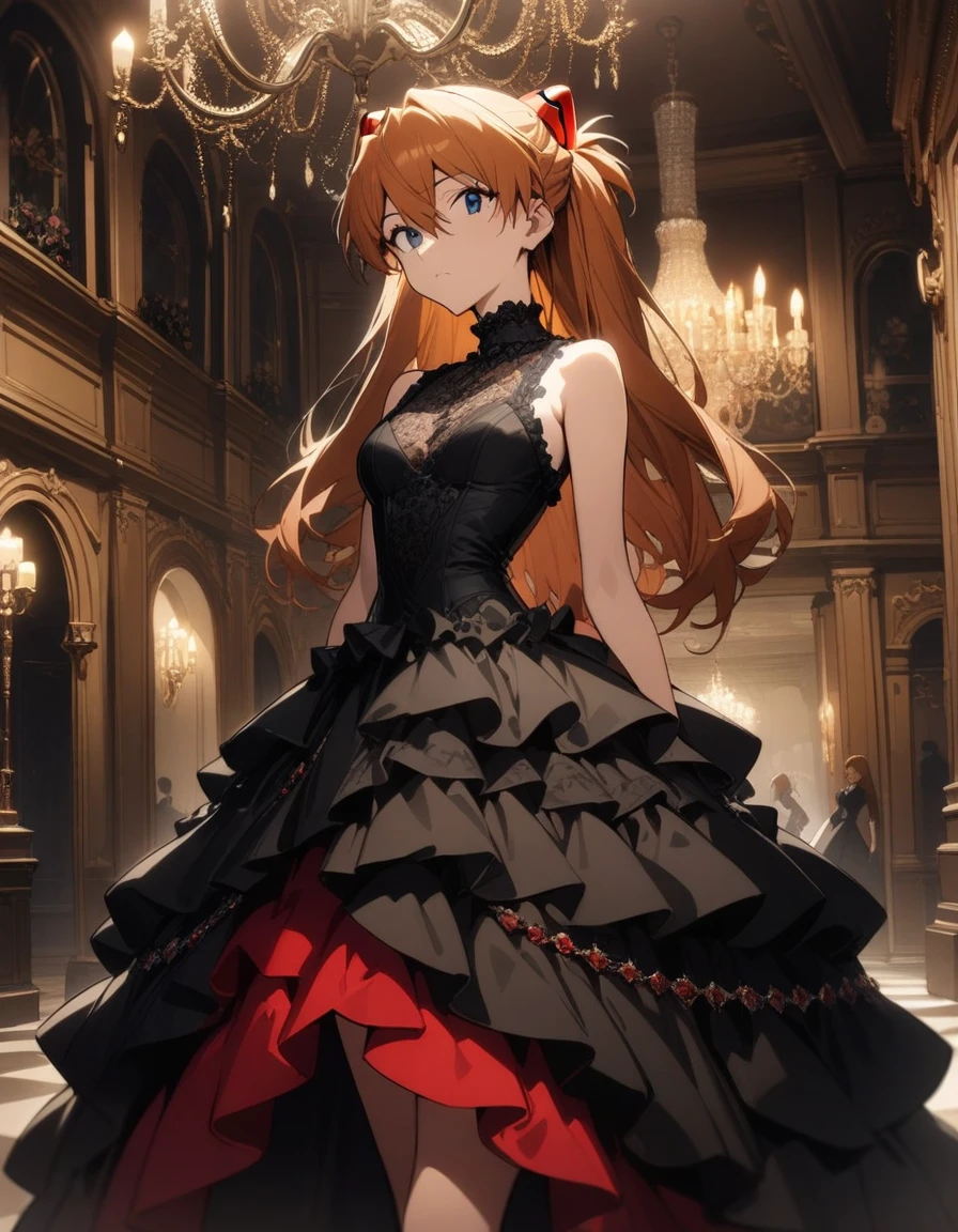 1girl, souryuu asuka langley, neon genesis evangelion, perfect body, gothic dress,princess dress,frill,mansion,luxury,noble atmosphere,chandelier,masterpiece, best quality, very aesthetic, detailed face,absurdres,cowboy shot