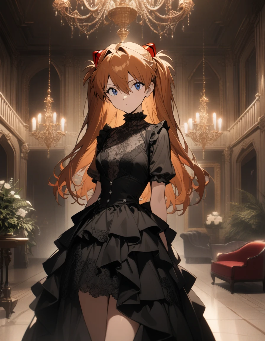 1girl, souryuu asuka langley, neon genesis evangelion, perfect body, gothic dress,princess dress,frill,mansion,luxury,noble atmosphere,chandelier,masterpiece, best quality, very aesthetic, detailed face,absurdres,cowboy shot