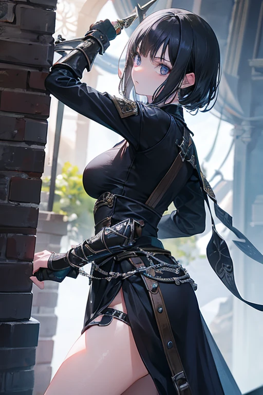 A black-haired girl wields the Heavy Thrusting Swords from within the Elden Ring in a reverse grip.